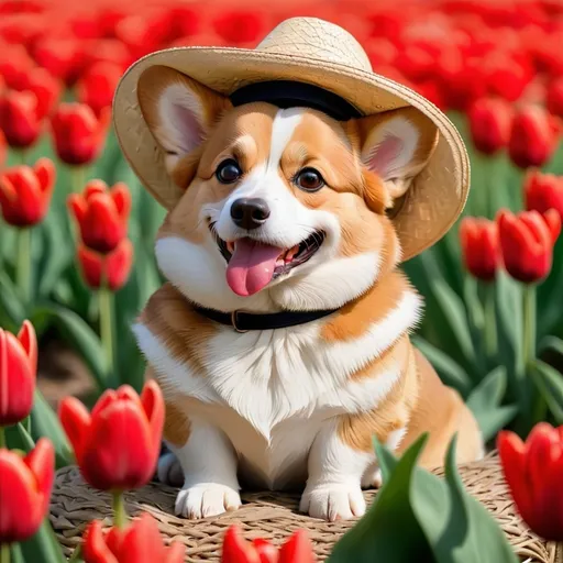 Prompt: a corgi wearing a straw hat sitting in a field of red tulips 