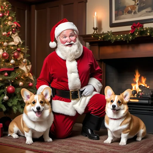 Prompt: santa clause standing by a christmas tree holding a corgi puppy with a red bow on his neck in front of a fireplace