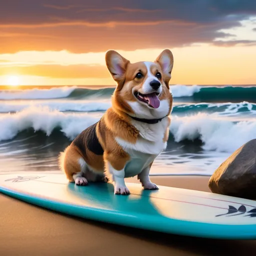 Prompt: A corgi sitting on a surfboard on beautiful ocean with giant waves crashing over huge boulders at sunset