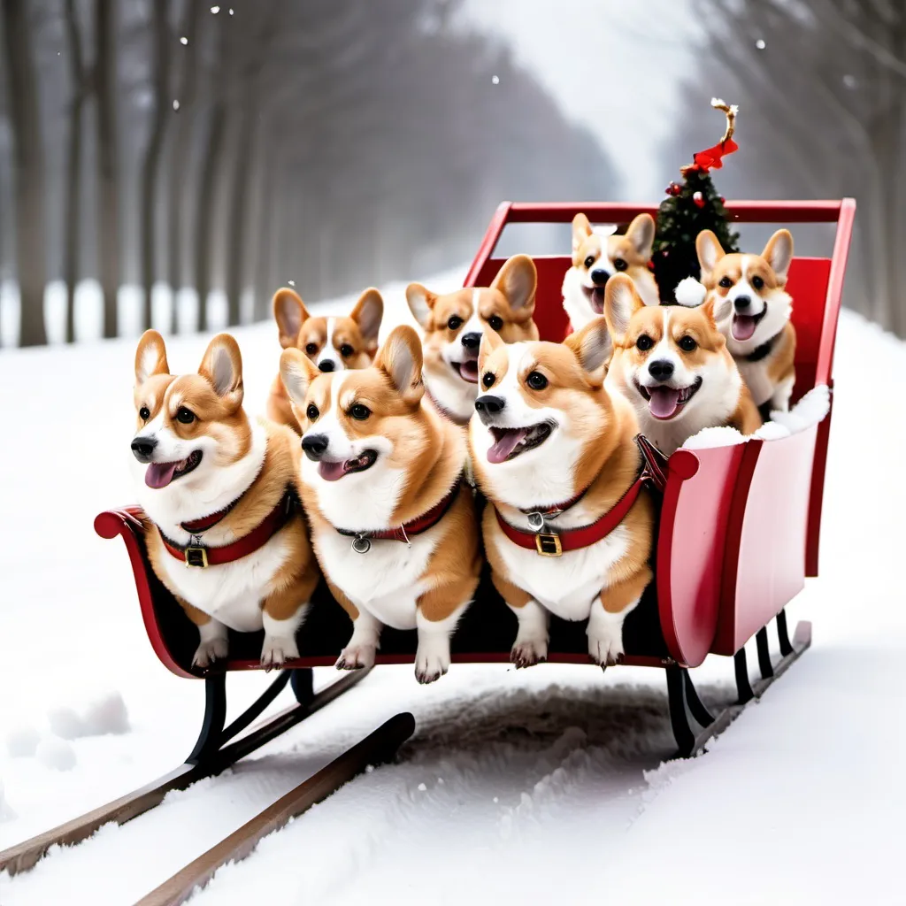 Prompt: a corgibeing pulled in  a sleigh pulled by 8 small corgis in the snow