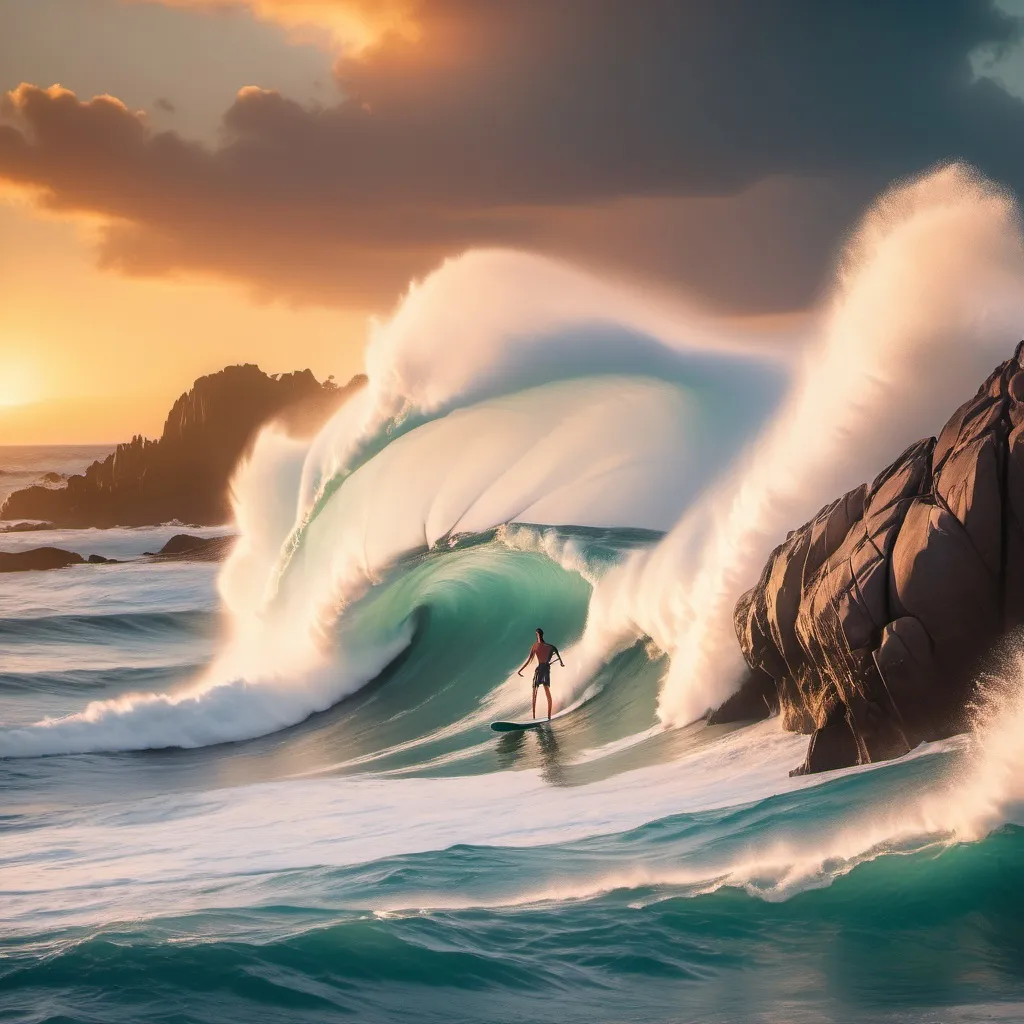 Prompt: A young man paddleboarding on beautiful ocean with giant waves crashing over huge boulders at sunset