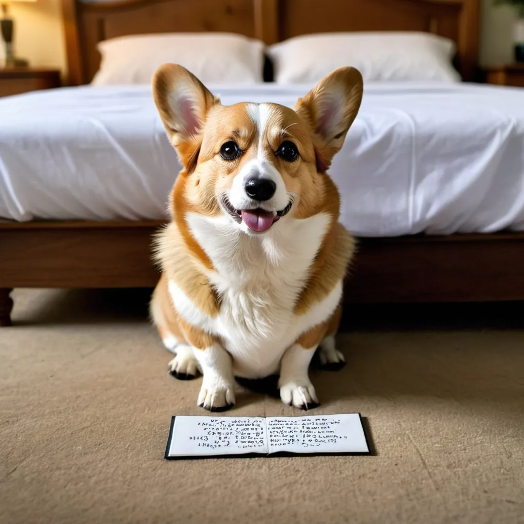 Prompt: A corgi kneeling by a bed saying his prayers