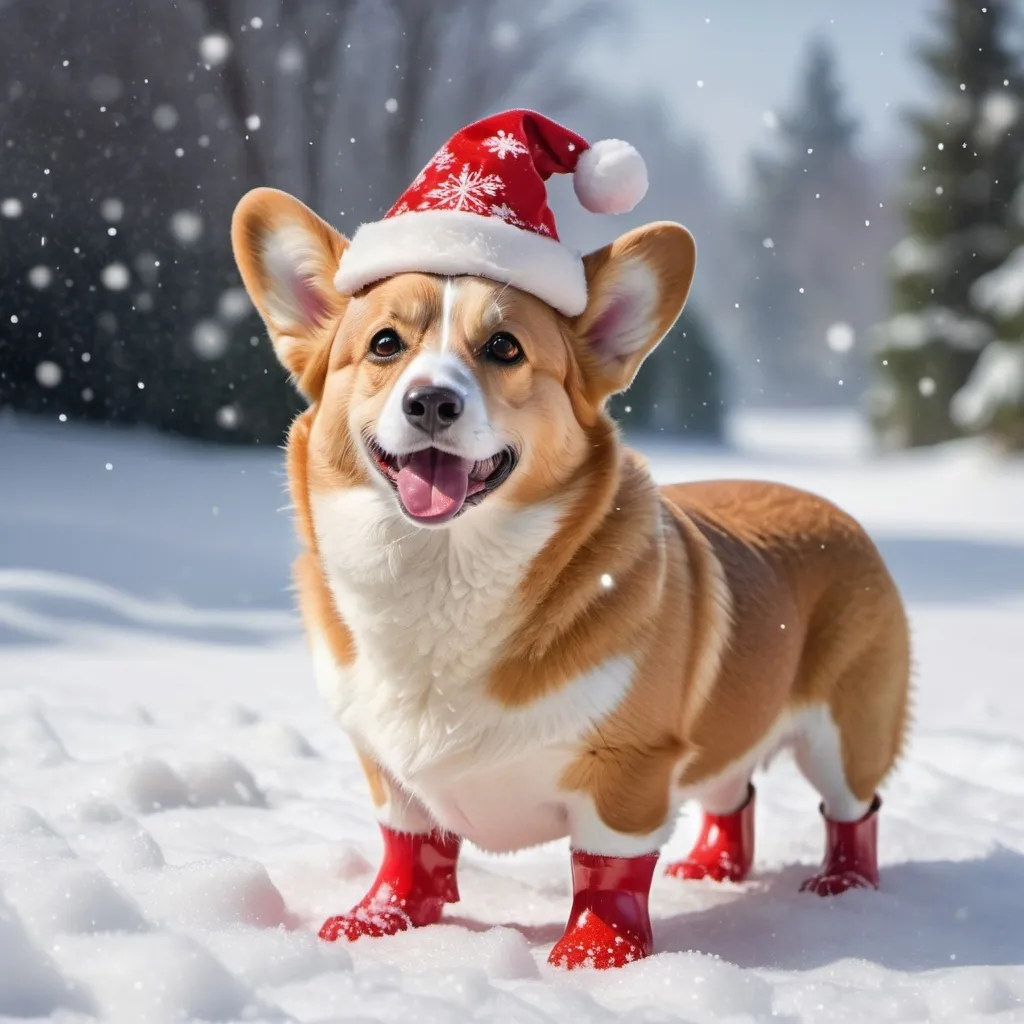 Prompt: a corgi sitting in the snow with a red santa hat a bright red boot