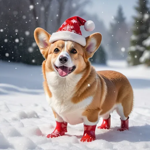 Prompt: a corgi sitting in the snow with a red santa hat a bright red boot