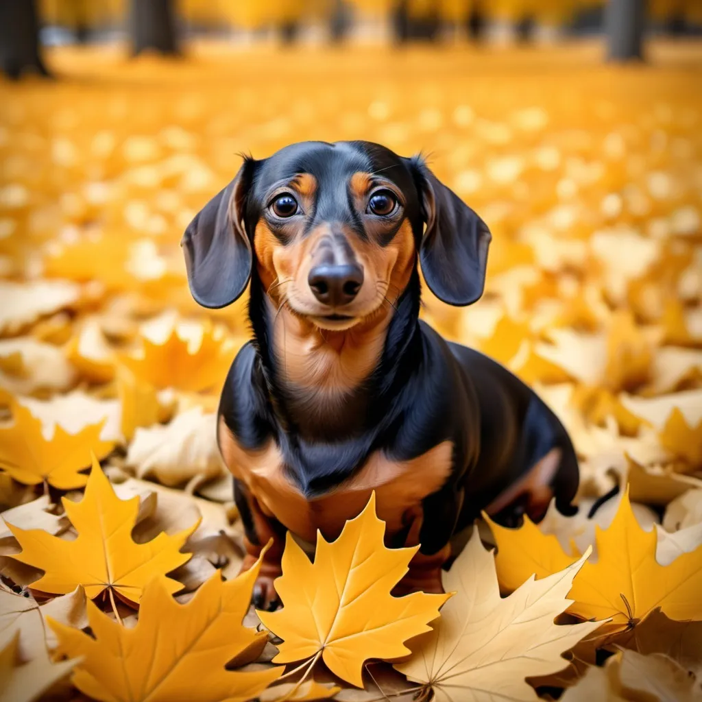 Prompt: A wiener dog sitting in a huge pile of  golden autumn maple leaves