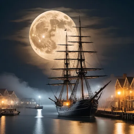 Prompt: an old tall sailing ship anchored in a harbor of an old port town with a large moon behind it and fog as the city torches light the night