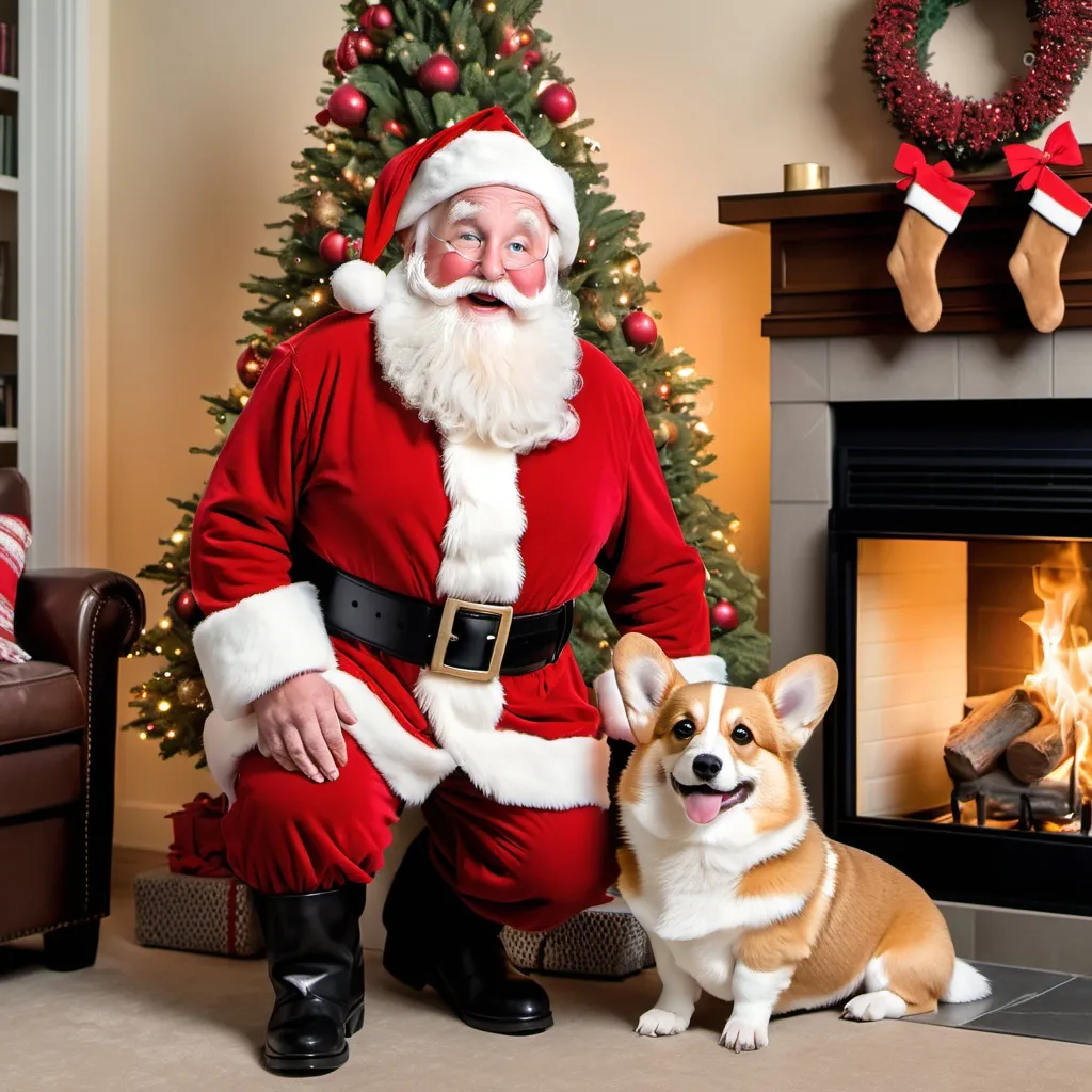 Prompt: santa clause standing by a christmas tree holding a corgi puppy with a red bow on his neck in front of a fireplace