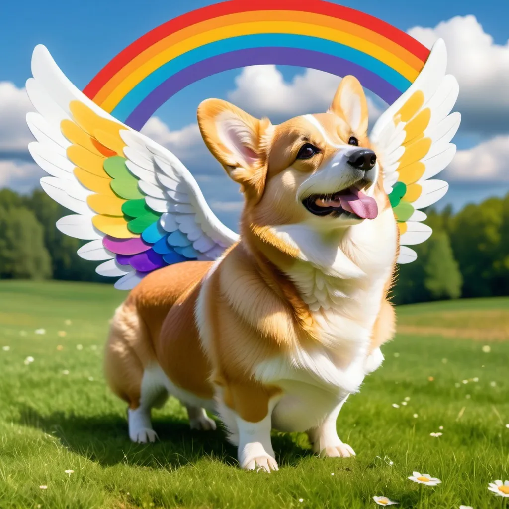 Prompt: a golden corgi with white wings in heaven with fields of green all around him and a rainbow behind him