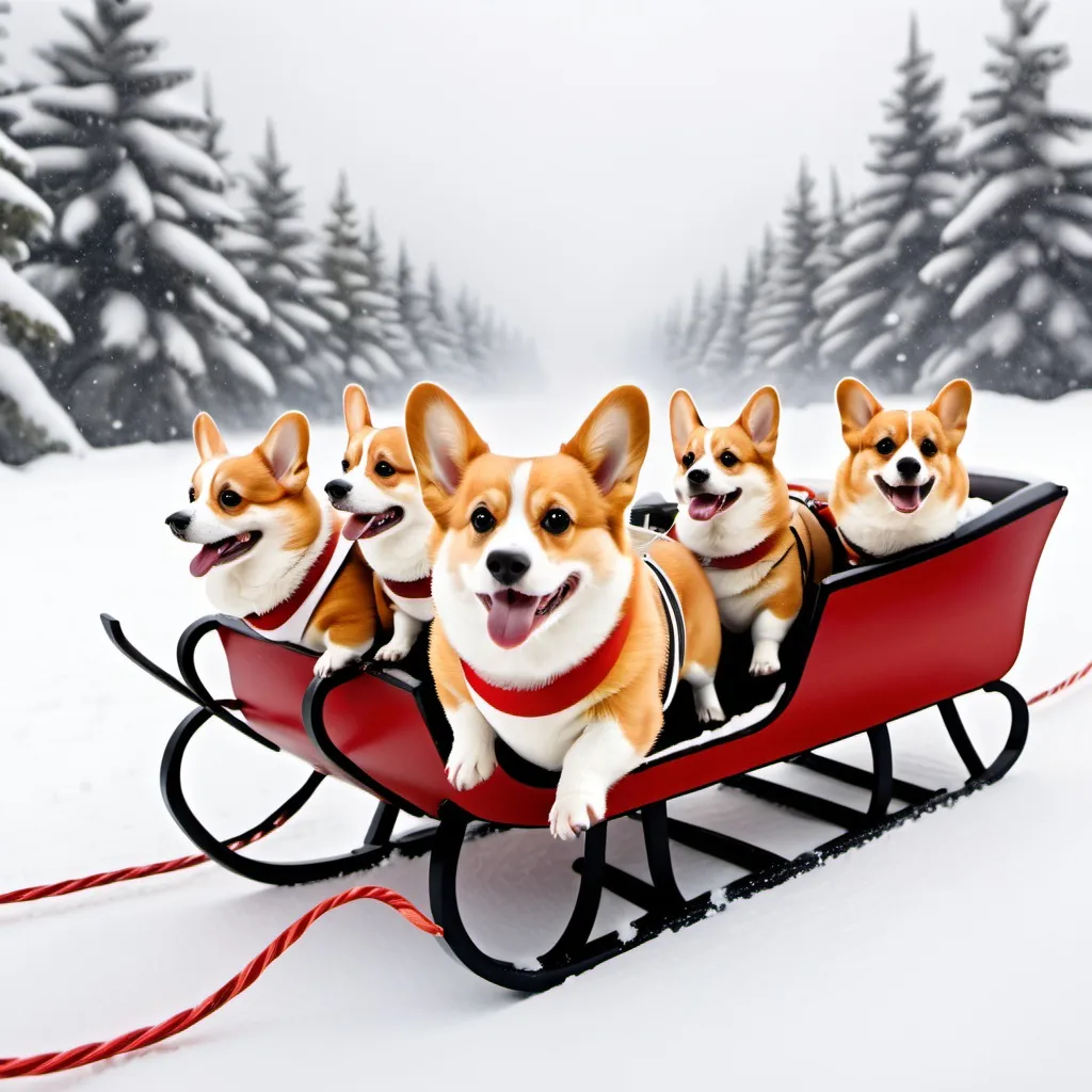 Prompt: a corgibeing pulled in  a sleigh pulled by 8 small corgis in the snow