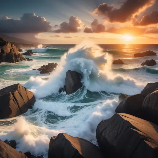 Prompt: A beautiful ocean with giant waves crashing over huge boulders at sunset