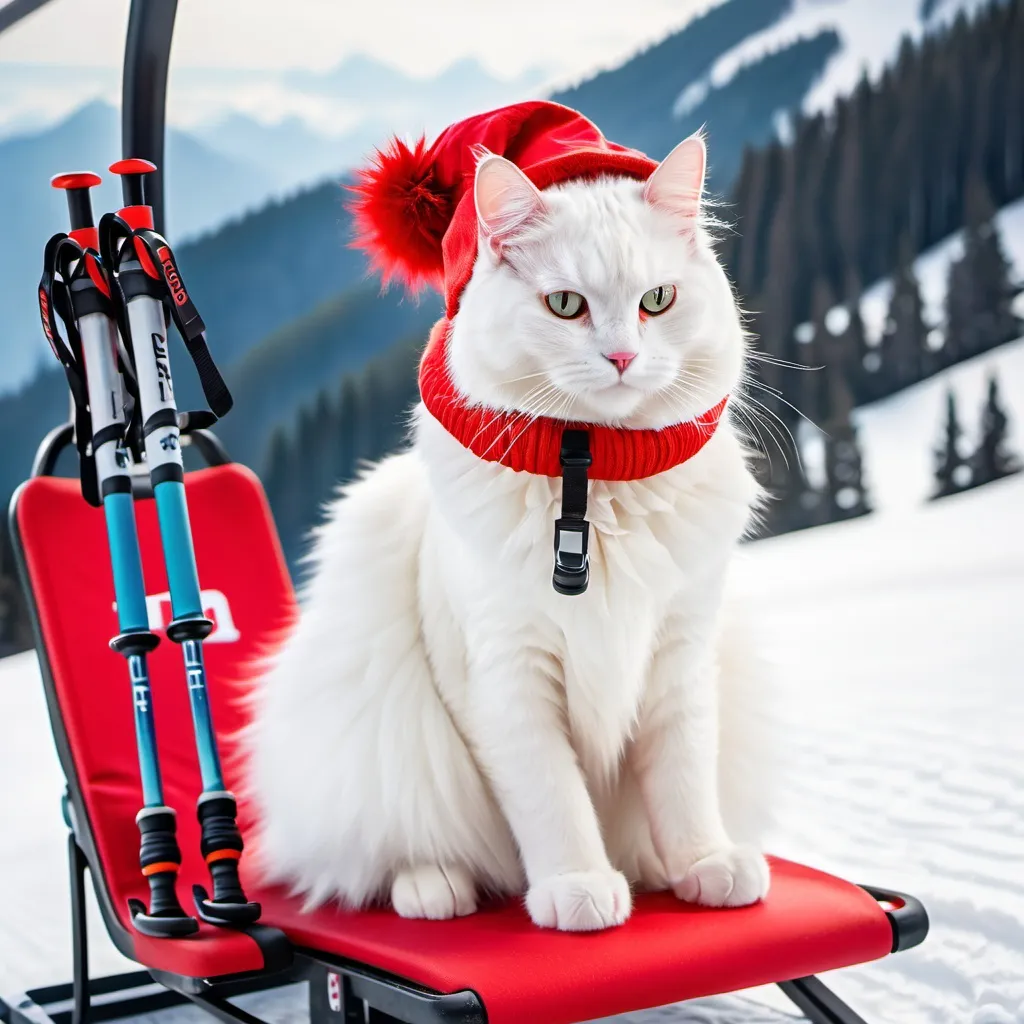 Prompt: A fluffy white cat wearing a bright red stocking hat  sitting on a ski lift chair holding their ski poles  and sking boots 