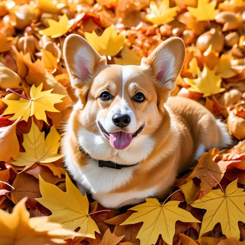 Prompt: a golden corgi sitting in a big pile of autumn maple leaves