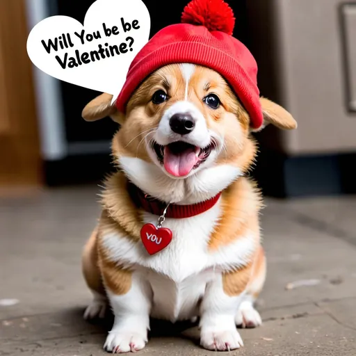 Prompt: A corgi pup wearing a red cap and a sign around his neck saying will you be my valentine