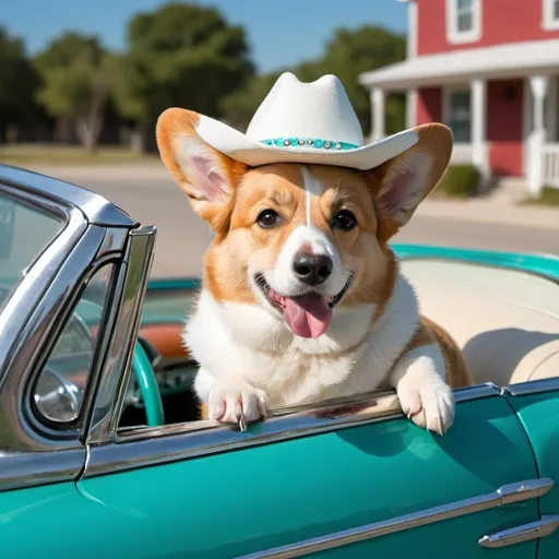 Prompt: a corgi wearing a white cowboy hat driving a turquois 1955 Chevrolet convertible 
