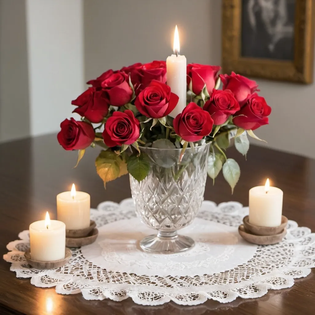 Prompt: a dozen roses in a crystal vase sitting on a white doily on a hardwood tablw as a candle flivkers in the foreground
