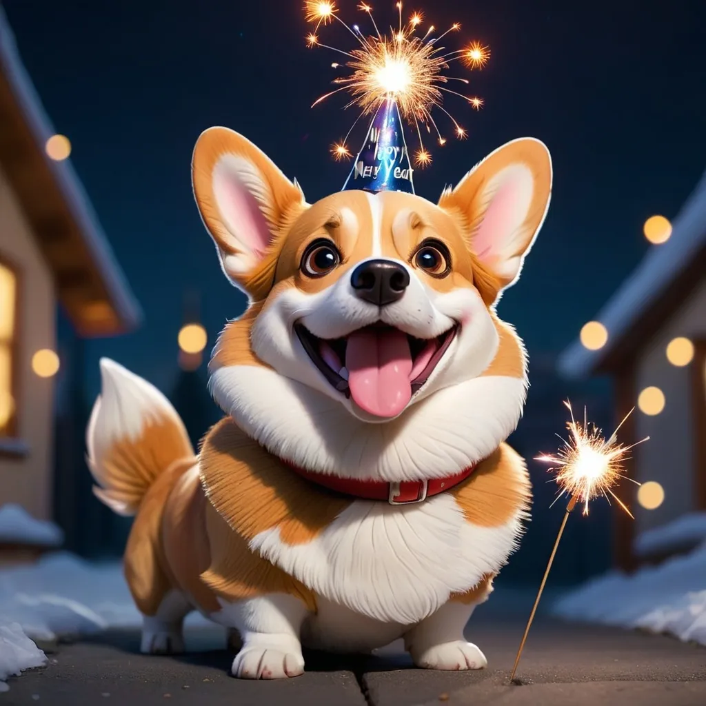 Prompt: a corgi wearing a party that that says happy new year and holding a sparkler on a moonlit night