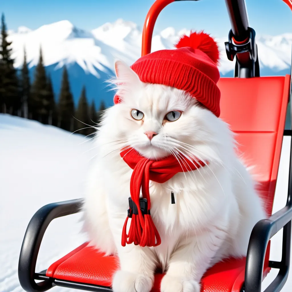 Prompt: A fluffy white cat wearing a bright red stocking hat  sitting on a ski lift chair holding their ski poles  and sking boots 