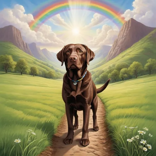 Prompt: A chocolate colored lab is welcomed by God to walk cross the rainbow bridge to a valley of green grass in a land called heaven