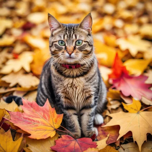 Prompt: a tabby cat sitting on a big pile of brightly colored autumn leaves