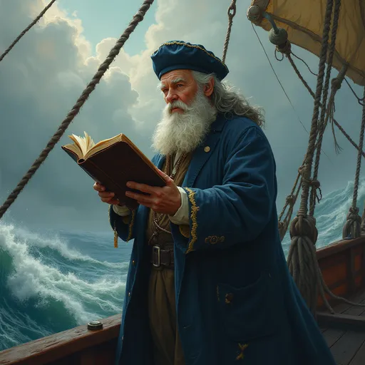 Prompt: an old sea captain on a ship in a roaring storm holding a tattered old bible
