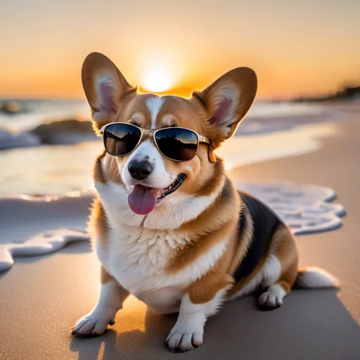 Prompt: A corgi with dark sunglasses om sitting on a white sanding beach in a sunset