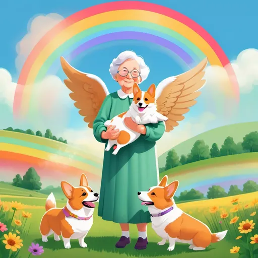 Prompt: a grandma angel holding one 
corgi in her arms standing in fields of green and a huge rainbow behind her