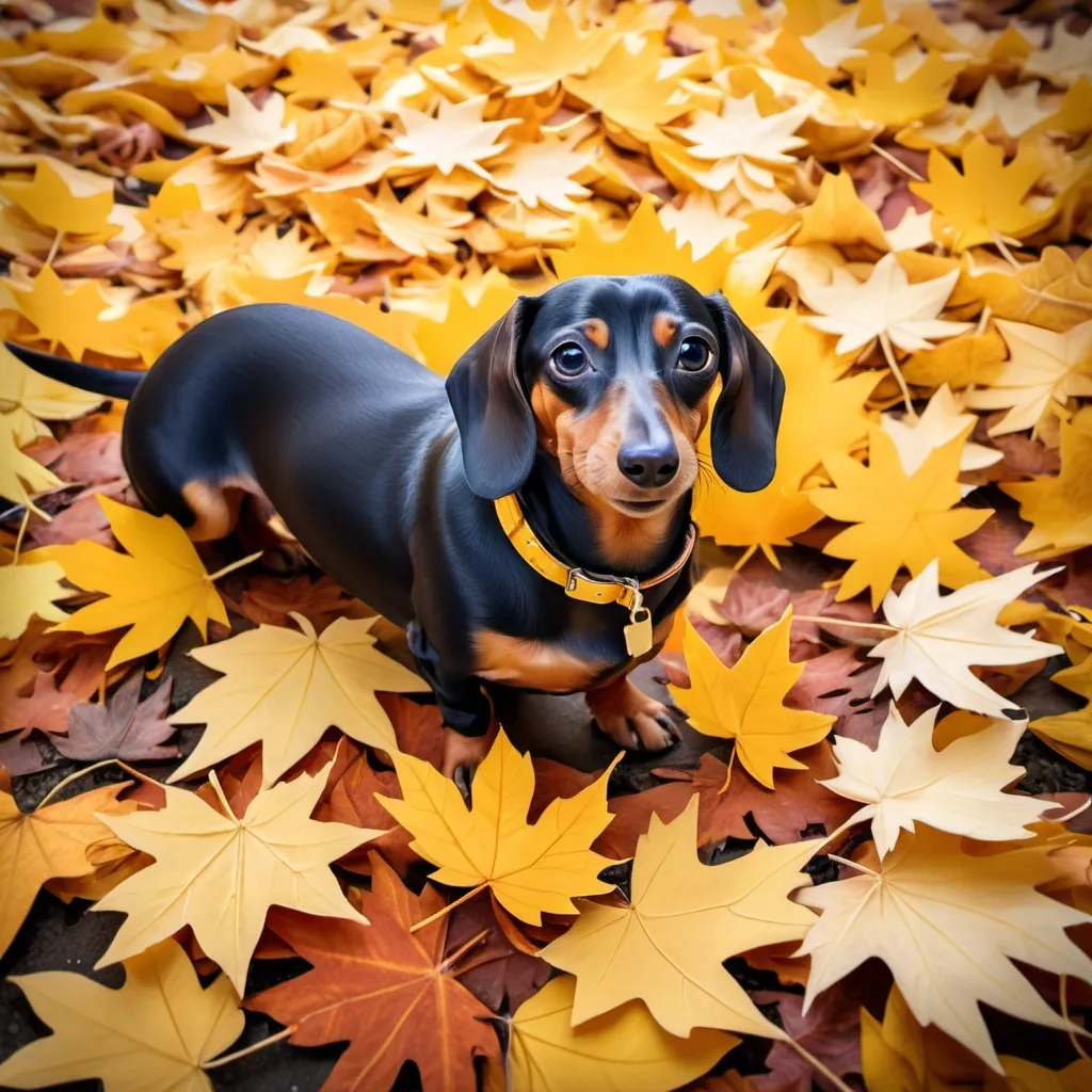 Prompt: A wiener dog sitting in a huge pile of  golden autumn maple leaves