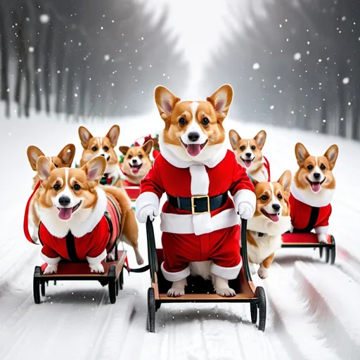 Prompt: a corgi dressed in a santa suite guiding a sleigh that being pulled by 8 small corgis in the snow