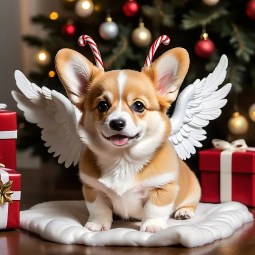 Prompt: Christmas in heaven with a small corgi puppy with wings
