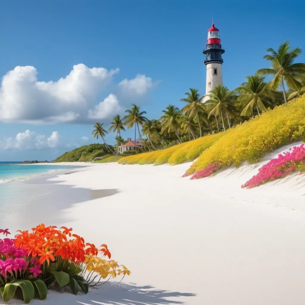 Prompt: a tropical island with palm trees on a white sandy beach with brightly colored flowers in the foreground with a lighthouse shing brightly high on a hill