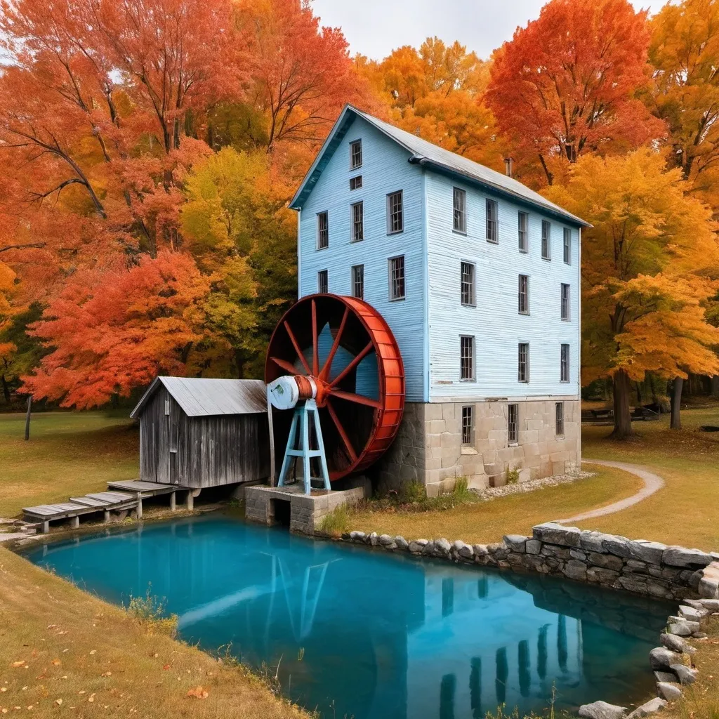 Prompt: An old waterwhhel powered grain mill with a clear blue pond and a huge maple tree with the fiery colors of fall next to it