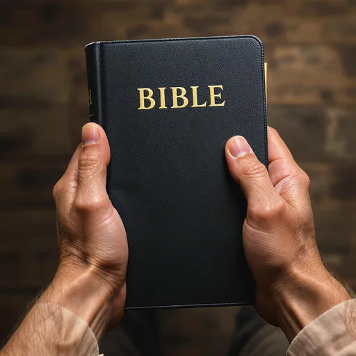 Prompt: wrinkled old hands holding a bible
