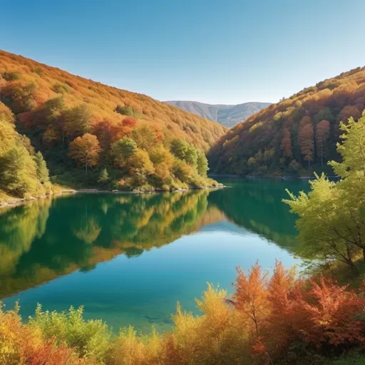 Prompt: rolling hills of green surrounding a crystal clear blue lake with autumn colors, plants, and trees around it