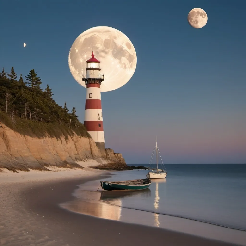 Prompt: a lighthouse high on rugged cliff overlooking a rowboat on a sandy beach with a giant moon behind it
