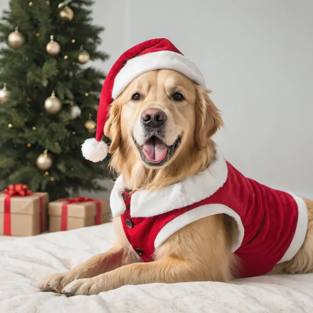 Prompt: A golden retriever wearing a red santa hat and vest 