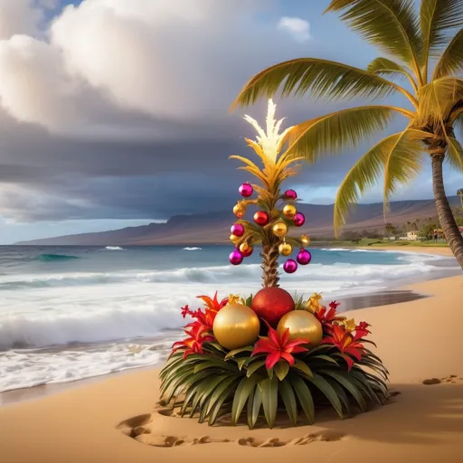 Prompt: A short palm tree with christmas balls and lights on it  on the island of maui with golden sands and tall waves and colorfull tropical flowers in the foreground 