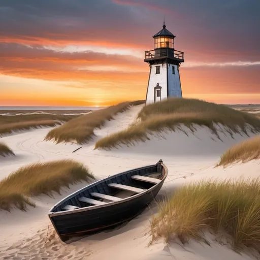 Prompt: an ancient lighthouse sits high on a sandy hill covered in dune grass surrounded by dune fencing with an old wooden rowboat in the foreground and a fiery sunset in the background