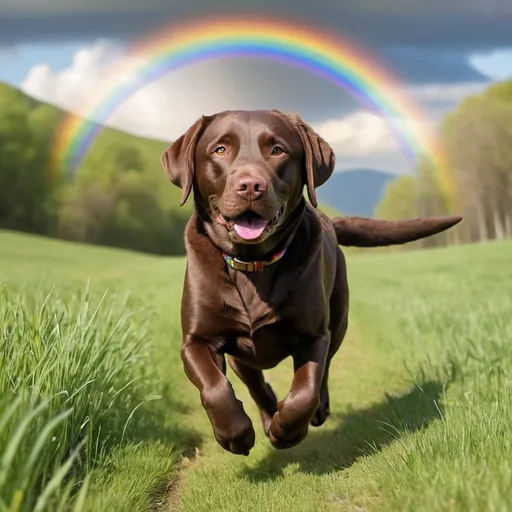 Prompt: A chocolate colored lab is just crossed the rainbow bring and is running with God to in a valley of green grass in a land called heaven