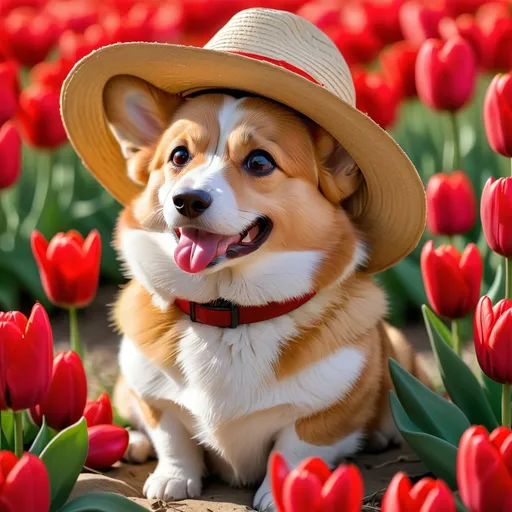 Prompt: a corgi wearing a straw hat sitting in a field of red tulips 