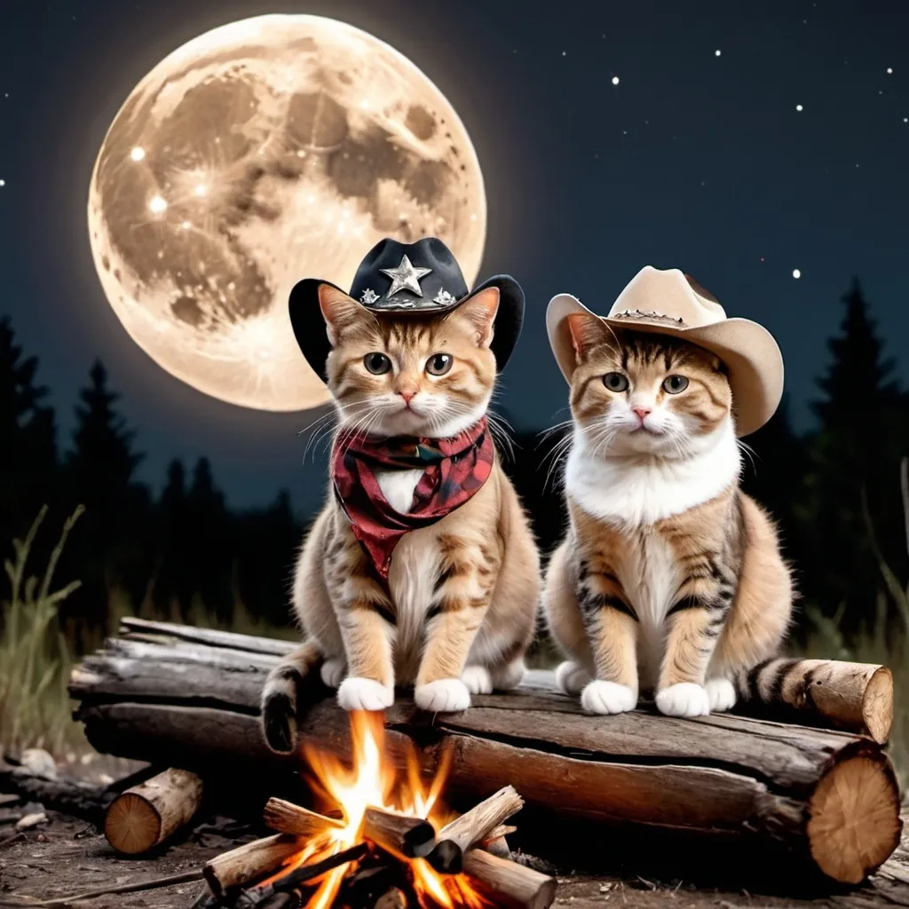 Prompt: two tabby cats wearing cowboy hats sitting on a log next to a campfire with a gianty moon behind them
