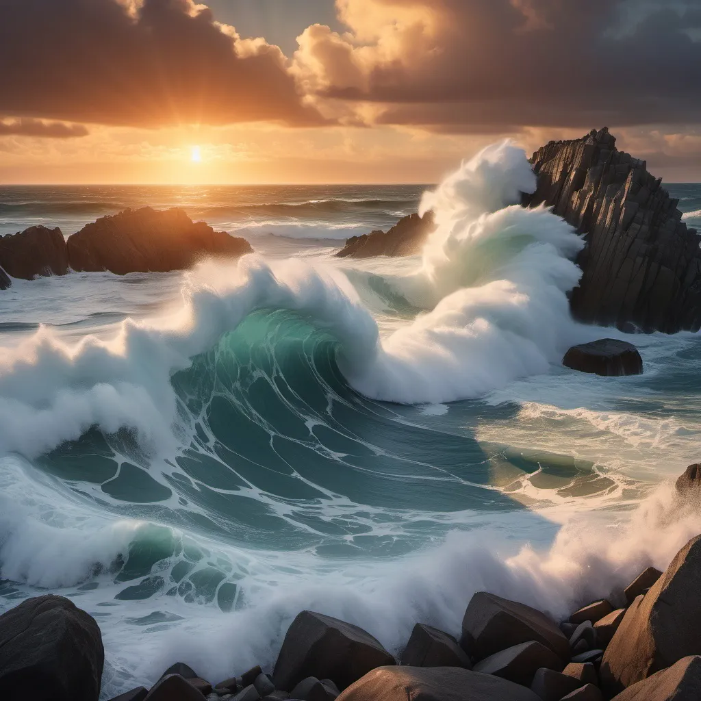 Prompt: A beautiful ocean with giant waves crashing over huge boulders at sunset