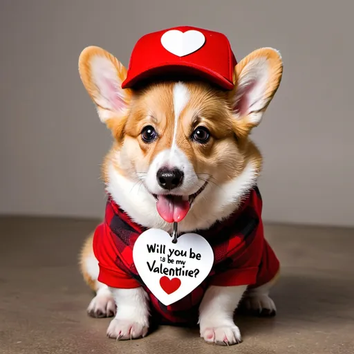 Prompt: A corgi pup wearing a red cap and a sign around his neck saying will you be my valentine