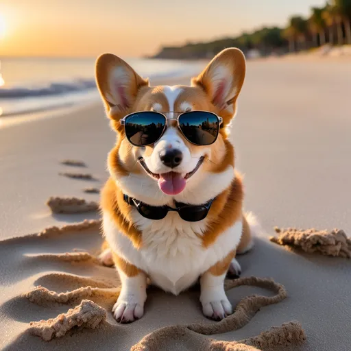 Prompt: A corgi with dark sunglasses om sitting on a white sanding beach in a sunset