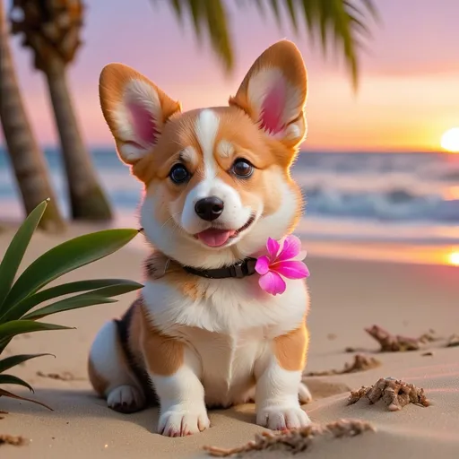 Prompt: a corgy pup sitting on the beach under a palm tree at sunset with a pink pluaria by his ear