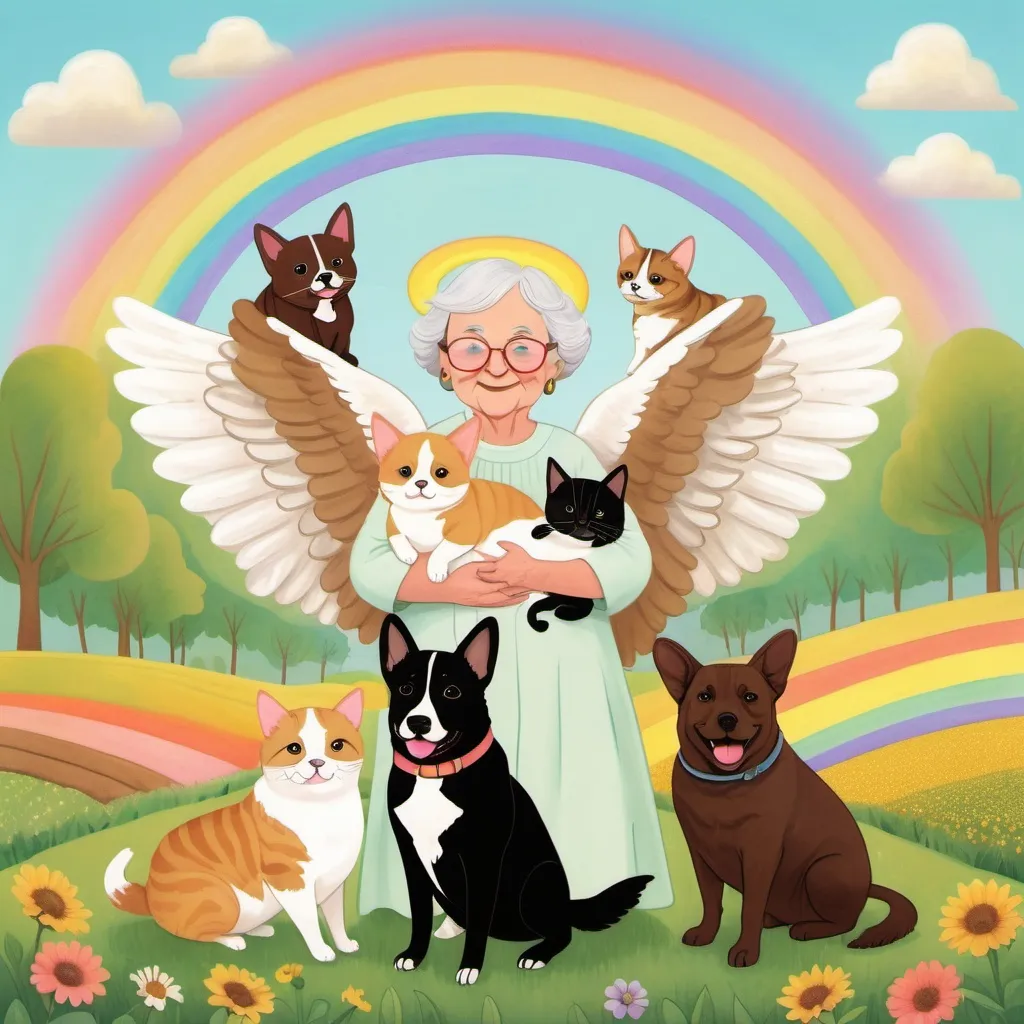 Prompt: a grandma angel with wings 
holding two tabby cats  in her arms and a big chocolate lab dog  at her feet on one side and a golden corgi on the other as they stand in fields of green and a huge rainbow behind her