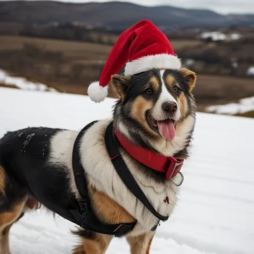 Prompt: A gernan shepherd wearing a red santa hat and vest 