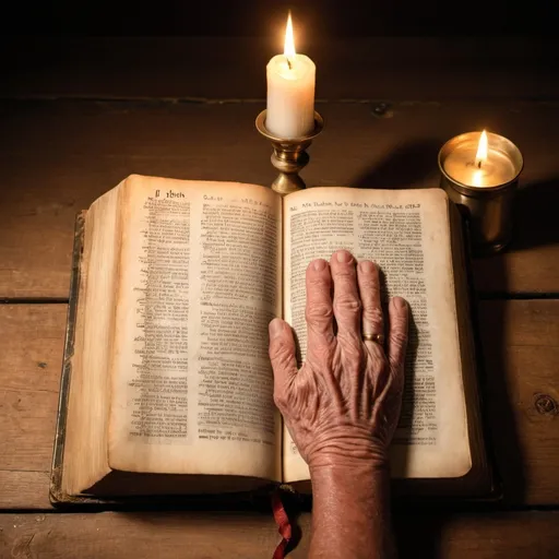 Prompt: a bible opened up to john 3:16 as wrinkled old hands hold it on a hardwood table and only one single candle is sitting next to it in an old brass candle hole