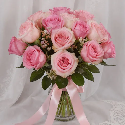 Prompt: a bouquet of pink roses in a crystal vase with a pink ribbon around it with white lace in the background