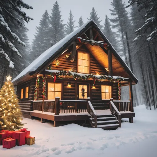 Prompt: a cabin decorated for christmas with a blizzard outside