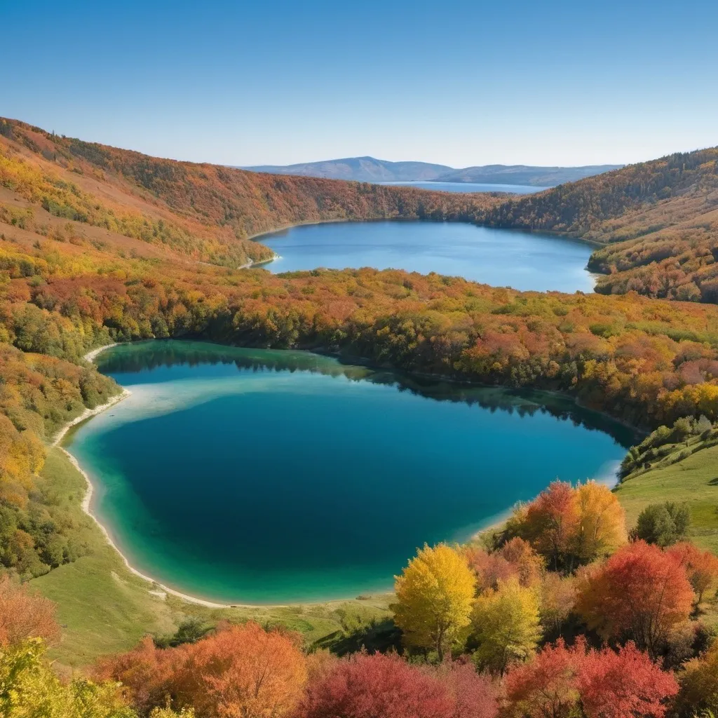 Prompt: rolling hills of green surrounding a crystal clear blue lake with autumn colors, plants, and trees around it